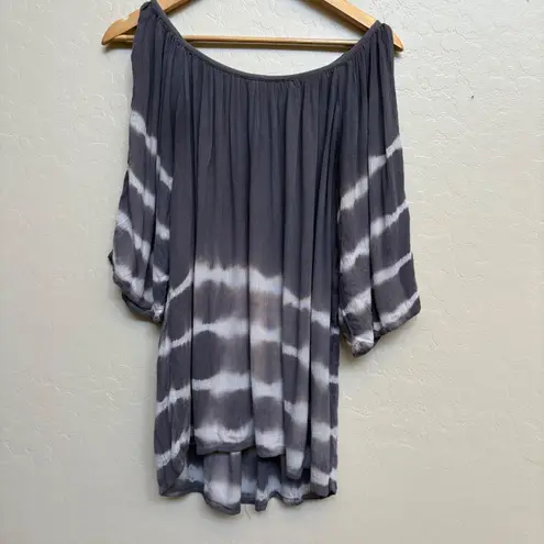 Soft Surroundings Gray White Tie Dye Cold Shoulder Tunic Top L Gauze Fabric