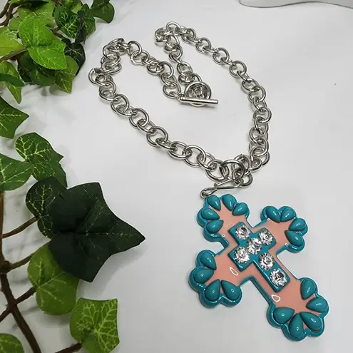 Western Rustic Boho Cross with Silver Chain Necklace Blue