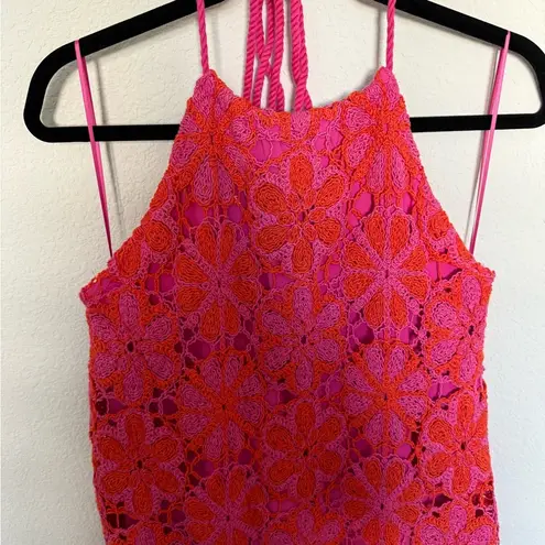 Ramy Brook  Irina Crochet Mini Dress Large Pink and Orange Halter