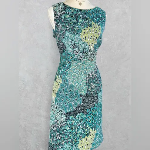 Connected Apparel Peacock Print Sleeveless Sheath Dress Size 10