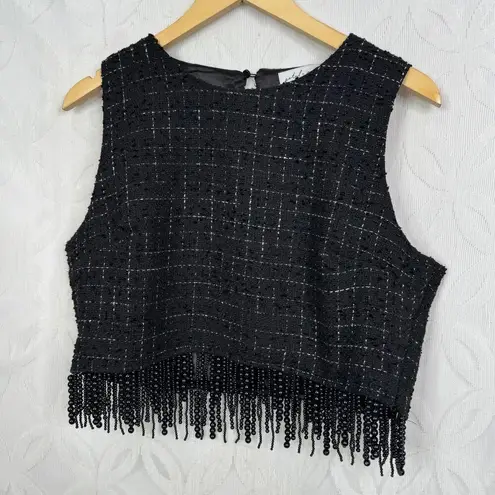 Petal and Pup Milana Tweed Bead Fringe Black Sleeveless Cropped Top Size XL NWT
