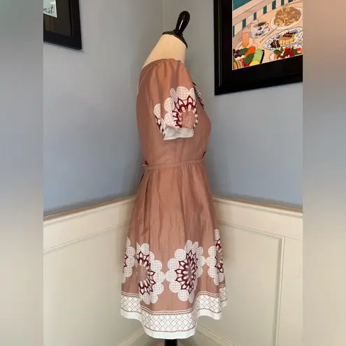 Retro Style Border Print Midi Dress by European Designer Langbow Sz 6 Brown