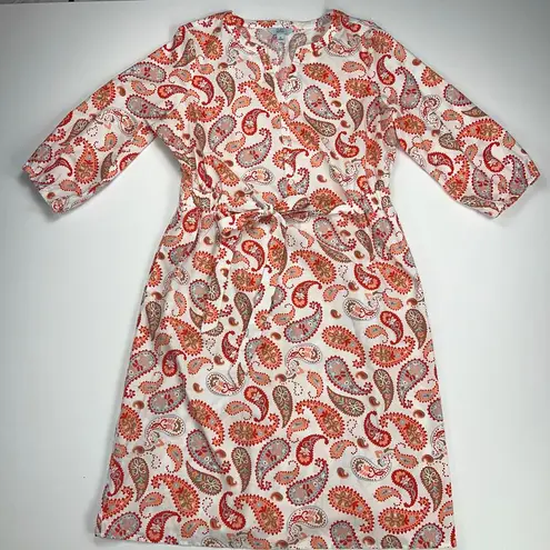Croft & Barrow  Split Neck Shirt Dress Integrated Belt Red Orange Paisley Size XL