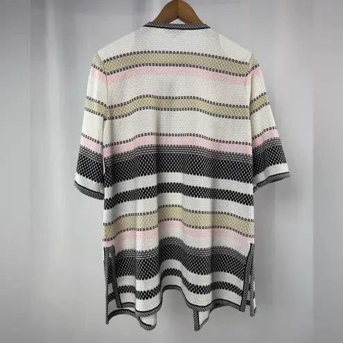 Misook Short Sleeve Stripe Open Jacket in White Pink Size Large