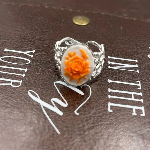 Neon Orange Rose Floral Oval Cameo Silver Stainless Steel Open Back Ring