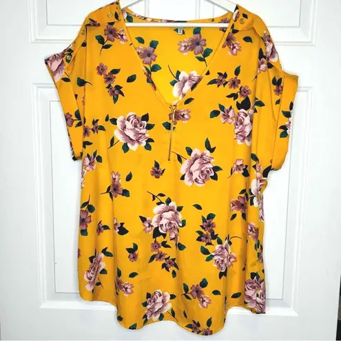 Speed Limit Floral Print Blouse Gold Yellow Short Sleeve Size Plus