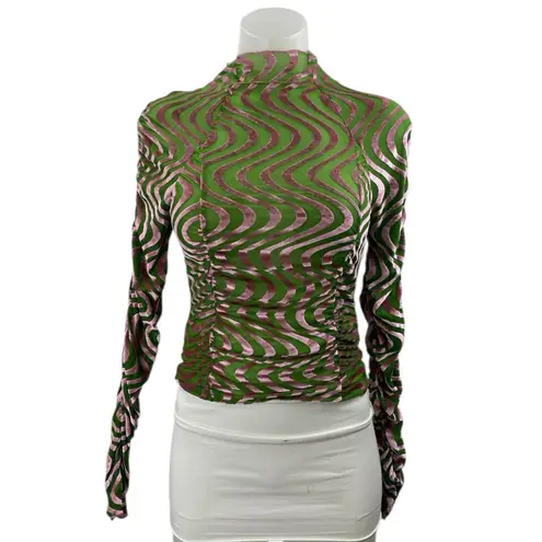 Urban Outfitters  Green Pink Velvet Velour Swirl Long Sleeve Mock Neck Blouse S