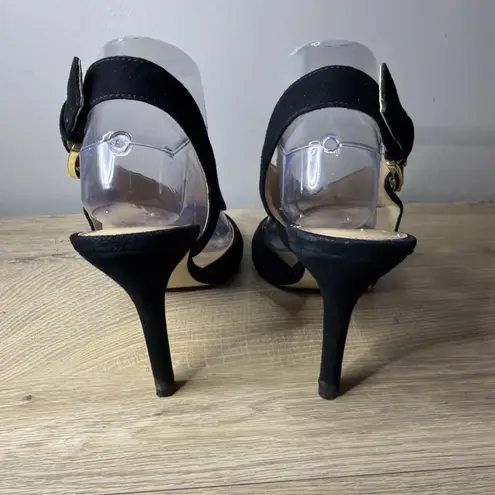 Michael Kors  Black Suede Peep Toe Platform Heels Gold Buckle Dress Shoes Size 9M