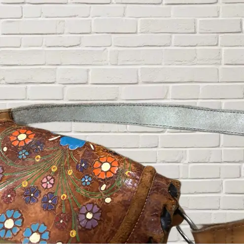 Vintage 70s Tooled Leather Crossbody Bag Artisan Boho Western Hippie Tan