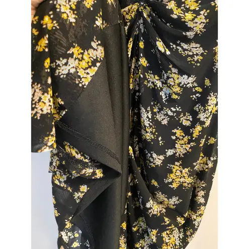 AFRM Tezza Black & Yellow Floral Ruched Mesh Midi Long Sleeves Dress Womens XS