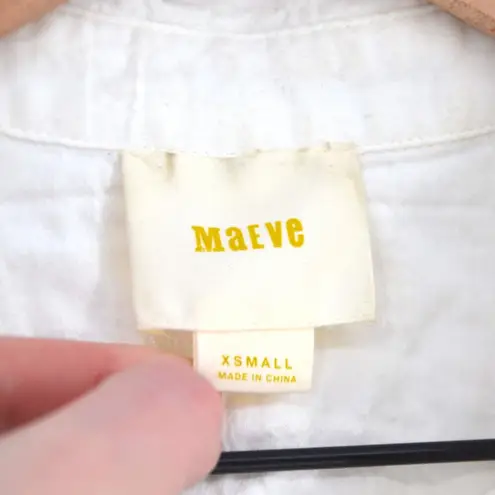 Maeve Anthropologie Bellamy Button Down Smocked Shirt Cotton Linen in White XS