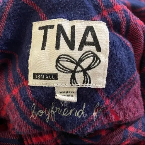 Aritzia TNA Hooded Plaid Boyfriend Fit Button Down Long Sleeve Red Navy XS Blue