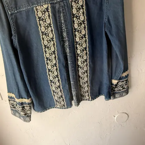 Tantrums Jacket Vintage Medium Denim Embroidered Lace Boho Button Up Cottage Blue