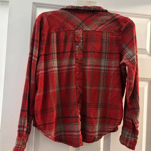 Free People  Red Plaid Button Down Shirt