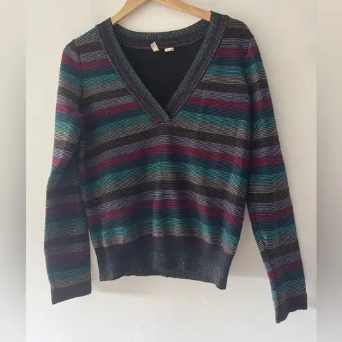 Moth Anthropologie XS Mulah Lurex Stripe Colorful V Neck Sweater Tinfoil Shimmer Size M