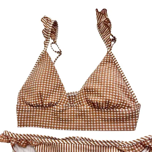 Aerie  Brown and White Gingham and Striped Bikini Set Size Small