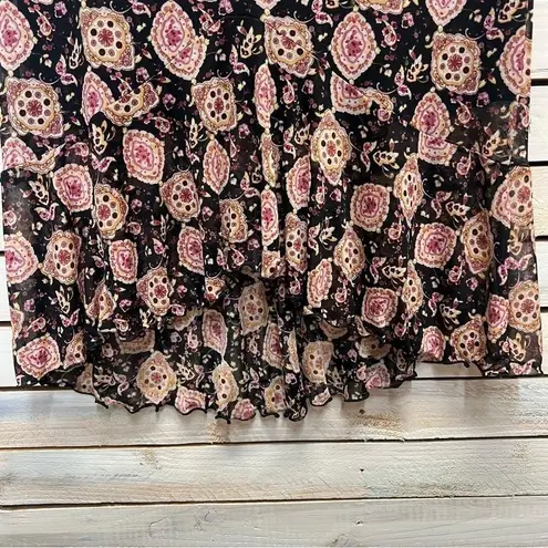 Vintage HeartSoul Boho Midi Skirt Black Pink Floral Print Ruffle Hem Y2K M Size M