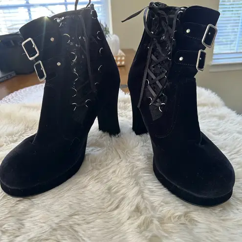 Demonia Crypto-51 Black Ankle Boots Black Velvet + Lace Size 8 Steampunk Goth 4"