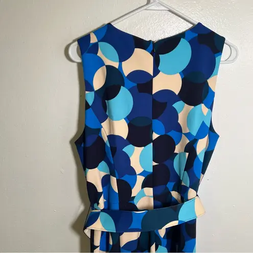 London Times Sleeveless Fluted Sheath Dress with Belt Blue Polka Dots 12