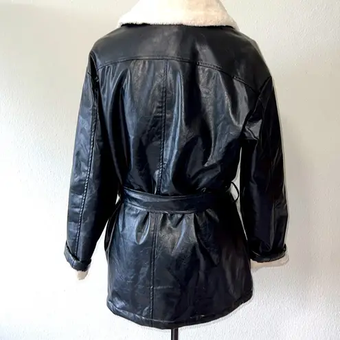 Pascale La Mode faux leather wrap jacket black w/white faux fur lining Size L Size L
