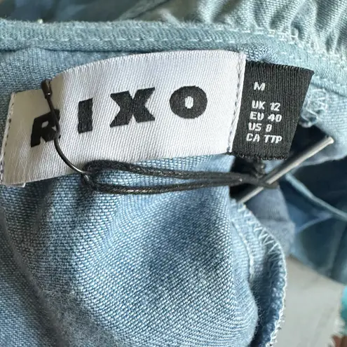 RIXO Sara Tiered Ruffled Denim Midi Dress Size Medium US 8 UK 12 Blue