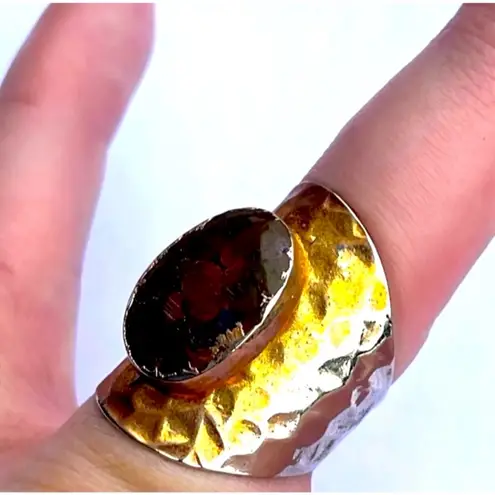 Handmade 7.5 7.75 8 Moss Agate Gem Gemstone Fine Art Ring Solid Metal Plated Gold Filled Hammered Unisex Men Women Oval Cabochon