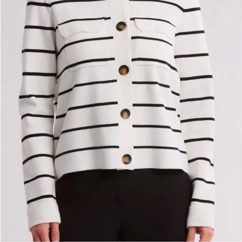 T Tahari cozy Snow Globe/Indigo Striped Buttoned Down cardigan Sweater Med NWT