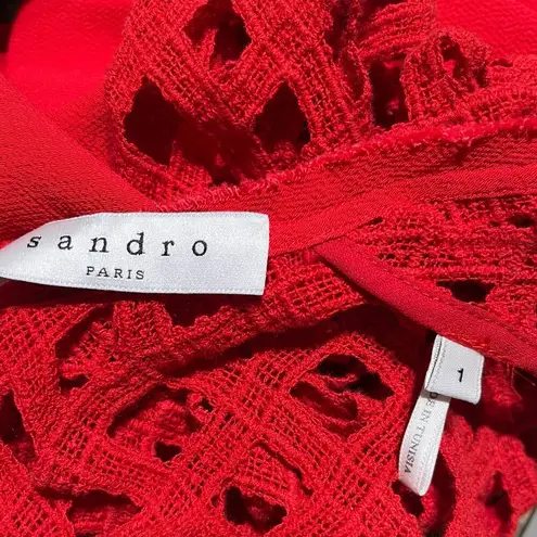 Sandro Paris Women's Rayon Blend Lace Lace Crewneck Red Keyhole Blouse Size 1
