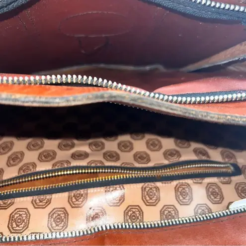 Vintage Don Quixote Brown Leather Satchel Purse w/Gold Trim Top Zipper Closure