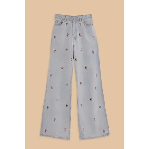 Farm Rio Rose Embroidered Wide Leg Denim