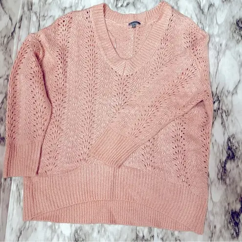 TBH To Be Honest Women Sz XL Pink V Neck Open Knit Sweater Romantic Girly Ballet