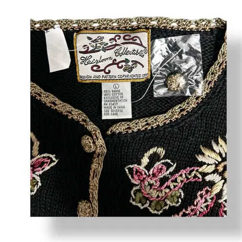 Heirloom Collectibles L Black Floral Embroidered Cardigan Boho Cottage Y2K NWT Size L