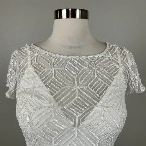 JKara Beaded Satin Short Sleeve High Low Evening Gown White Size 4 Formal Dress