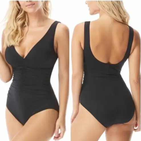 Coco reef Black shirred v neck one piece swimsuit Size 10
