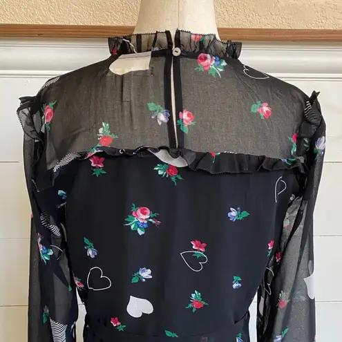 Avec Les Filles Printed Ruffled Fit & Flare Heart Sheer dress - S EUC
