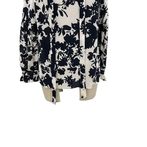 Marie Oliver White Navy Blue Floral Print Long Sleeve Silk Blouse Size Large