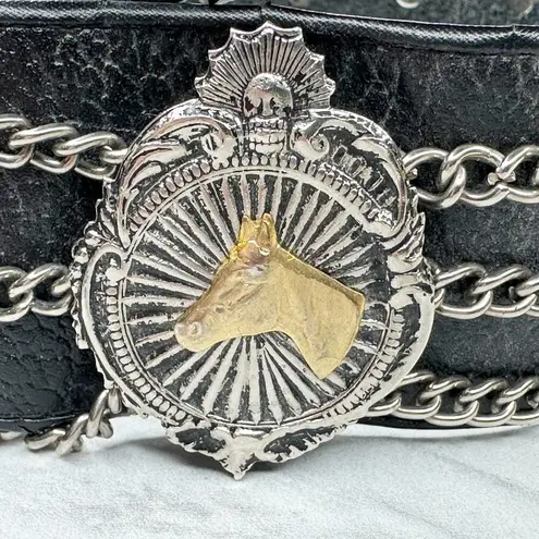 Vintage Argentina Coin Studded Leather Chain Belt Gaucho Western Small (S) ✨ Black