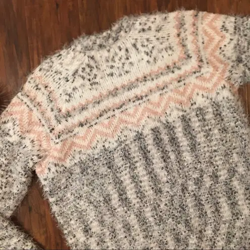 Retrology Cardigan Sweater Long Sleeve Feather Knit Pink Gray Cream Heather Med