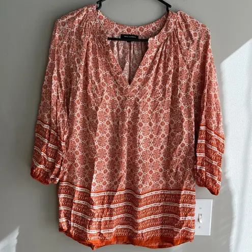 Anne Carson 3/4 Sleeve Blouse Top Women's Size S Orange White Floral V-Neck