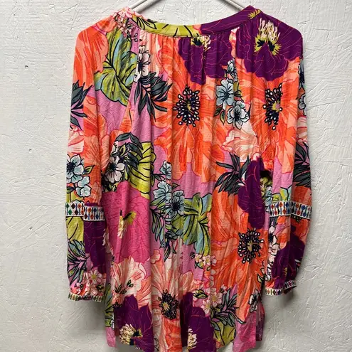 cupio  Peasant Sleeve Boho Blouse Orange pink multicolor Floral Print Size XL