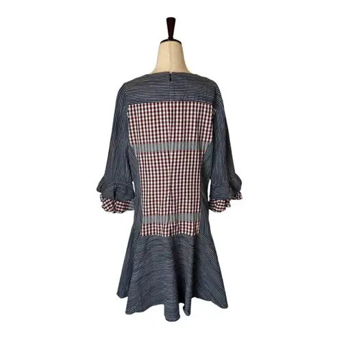 Badgley Mischka Dress Women 14 Blue Red Stripe Plaid Day Dress Mini Prairiecore