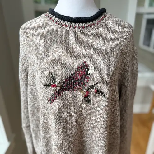 Vintage C.J. Banks Heather Brown Black Red Hand Embroidered Cardinal Sweater X Size XL