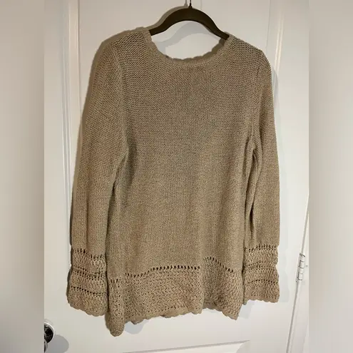 Coldwater Creek Linen Cotton Gold Crochet Knit Scalloped Pullover Sweater Sz L