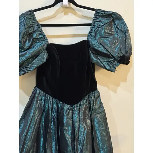 Laura Ashley Vintage 80s Tea Dress Velvet Taffeta Brocade Black Green Size 10