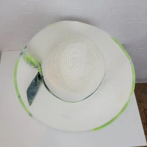 Sun n Sand Womens Sun Hat White Green Tie Dye Ribbon Trim Wide Brim Beach Summer