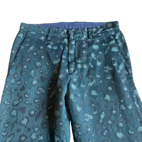 Tsumori Chiatso Cropped Length Slacks Pants Teal Print Trousers Size 10 Women's Green