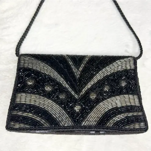 Vintage Art Deco Black & Gold Beaded Evening Bag Purse Crossbody or Clutch