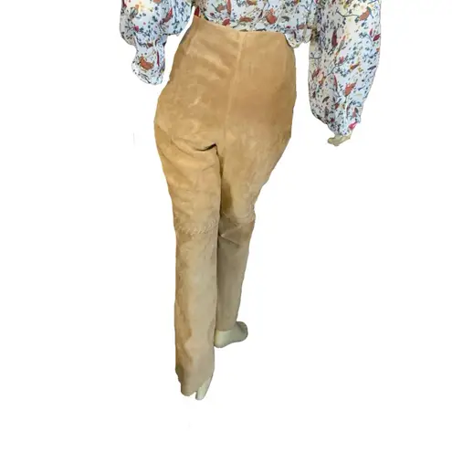 MARGARET GODFREY TAN SUEDE WHIP STITCH W/FLORAL DESIGN FLARE LEG PANTS (10)