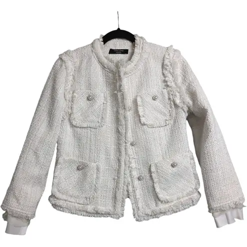 Tammy Tangs White Tweed Frayed Trim Button Front Jacket Long Sleeve Size M Size M