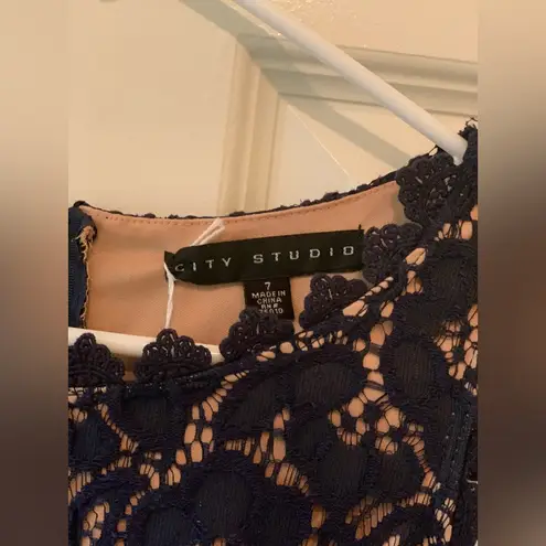 City Studio Elegant Navy and Tan Lace Dress. Size